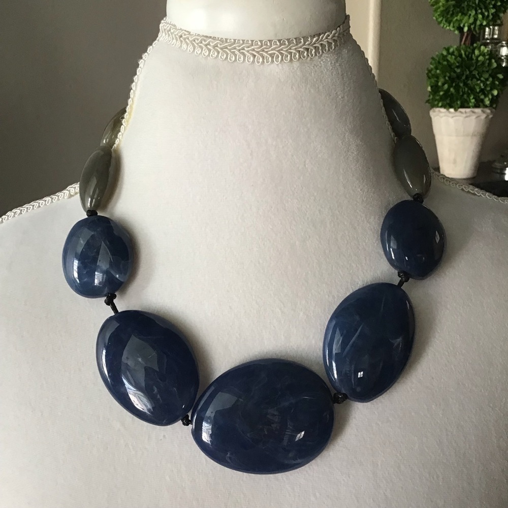 LAST 1! Blue River Stone Look Statement Necklace Blue Gray Flat Beads Cord NEW